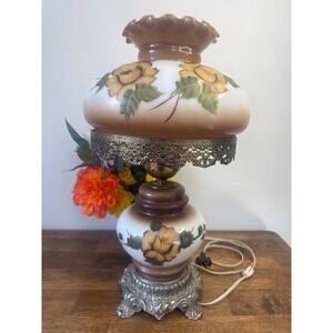 Vintage Hand Painted Milk Glass Electric Lamp Floral Hurricane Shade Table Lamp